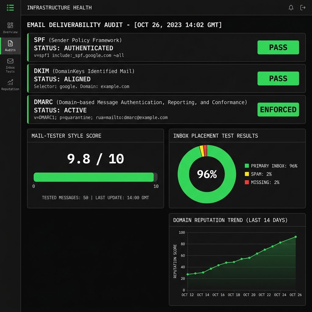 Deliverability audit dashboard showing SPF DKIM DMARC pass and 9.8 out of 10 score